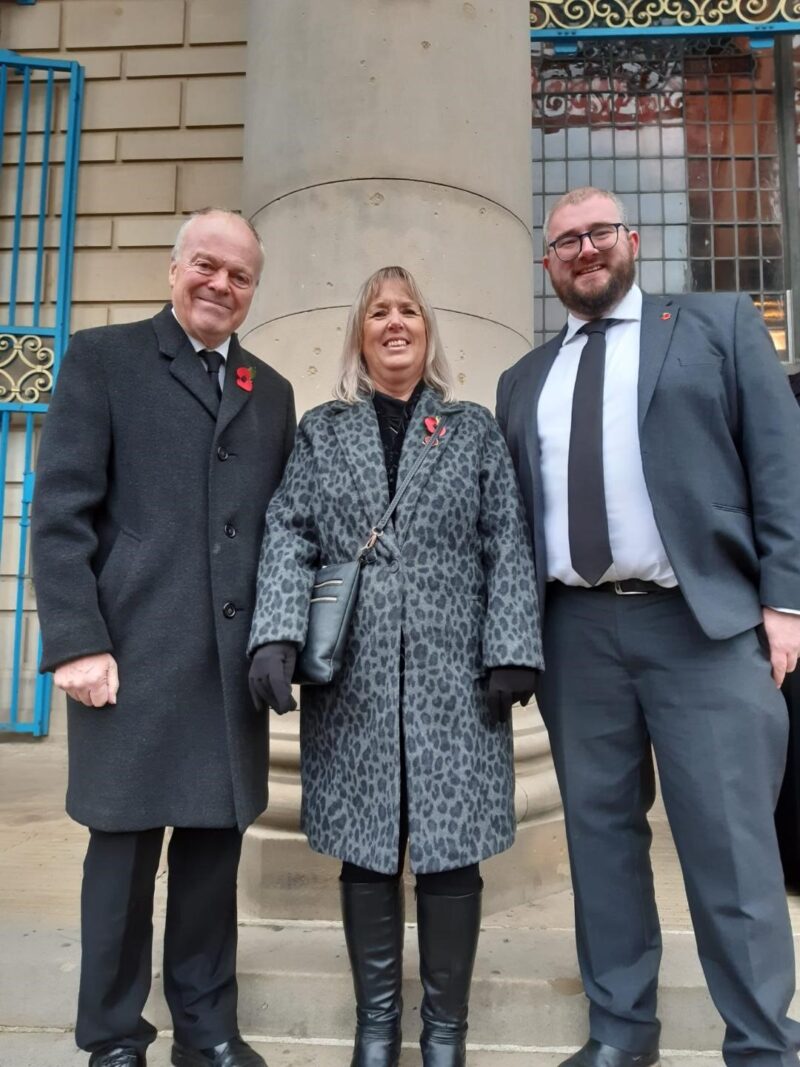 Cllr Karen McGowan, Matt Dwyer and Clive Betts MP at the Remembrance Day Service at Barkers Pool